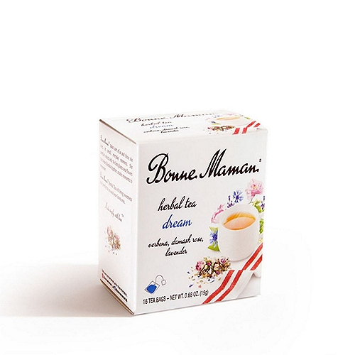 Bonne Maman Dream Herbal Tea, 16 count, 0.68 oz
Bonne Maman® ''Dream'' herbal tea has sweet and captivating floral notes to enjoy as you take a moment to relax before bedtime. A cup of dream will wrap you in warm love thanks to the verbena, combined with the damask rose, sweet orange, linden, hybrid lavender, elderflower and cornflower.