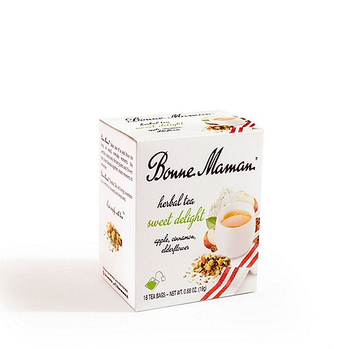 Bonne Maman Sweet Delight Apple, Cinnamon, Elderflower Herbal Tea, 16 count, 0.68 oz
Steep in goodness with this delightful pairing of apple, cinnamon and dried elderflower. Subtly sweet, with a hint of lemon, this gratifying blend by Bonne Maman® is the perfect way to indulge your senses while nurturing little bonds of love each and everyday.