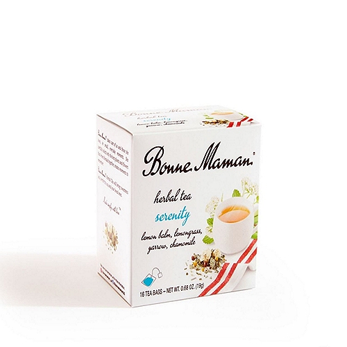 Bonne Maman Serenity Lemon Balm, Lemongrass, Yarrow, Chamomile Herbal Tea, 16 count, 0.68 oznUsher in relaxation as you sip a hot cup of Bonne Maman® "Serenity" herbal tea. A subtle and fragrant blend of lemon balm, lemongrass, yarrow, cranberry, and chamomile. The perfect ritual for any time of the day, when you need a break.