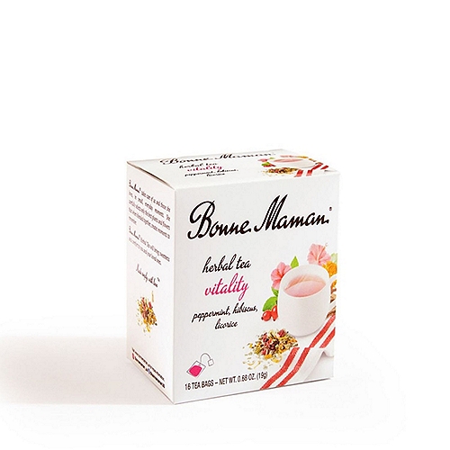 Bonne Maman Vitality Peppermint, Hibiscus, Rose Hip Herbal Tea, 16 count, 0.68 oz
Peppermint, along with notes of subtle rose hip and marigold petals join together in Bonne Maman® refreshing herbal tea blend. Take delight in every sip as you enlighten your senses to rejuvenate your day.