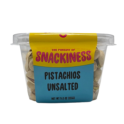 SNACKINESS PISTACHIO UNSALTED. 9 OUNCES.