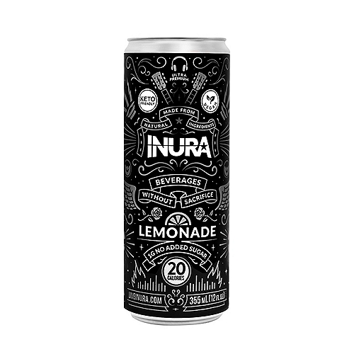 INURA Lemonade made from naturally sourced ingredients, 20 calories, 1g sugar, low glyecmic, keto friendly, and vegan 12 FL ounce. 
