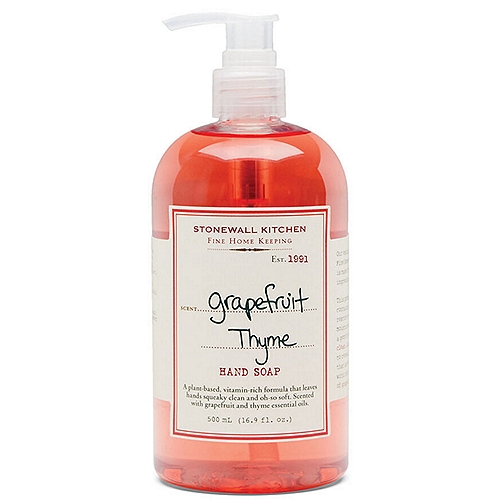 Stonewall Kitchen Grapefruit Thyme Hand Soap, 16.9 fl oznA plant-based, vitamin-rich formula that leaves hands squeaky clean and oh-so soft. Scented with grapefruit and thyme essential oils.nnThis premium hand soap contains vitamin E to restore your skin's moisture while delivering a gentle yet invigorating clean. Lather and rinse to reveal nourished hands that are lightly fragranced with the uplifting scent of grapefruit and thyme.