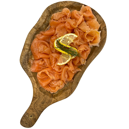 GOURMET GARAGE SMOKED SALMON - NEW YORK NOVIE. PREMIUM QUALITY FRESH ATLANTIC SALMON FILLETS, DRY BRINED AND GENTLY SMOKED OVER OAK CHIPS. NET WEIGHT: 8 OUNCES.