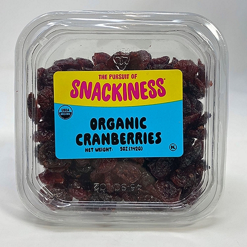 SNACKINESS ORGANIC CRANBERRIES. 5 OUNCES.