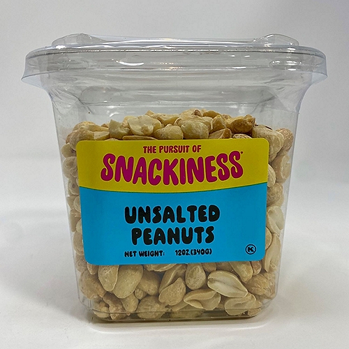 SNACKINESS UNSALTED PEANUTS. 12 OUNCES.