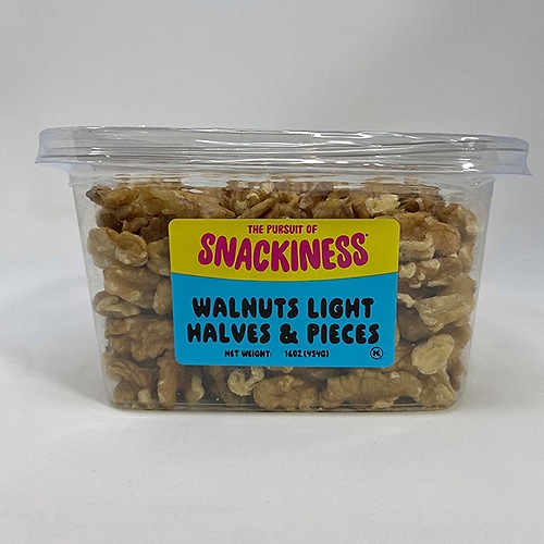 SNACKINESS WALNUTS LIGHT HALVES AND PIECES. 16 OUNCES.