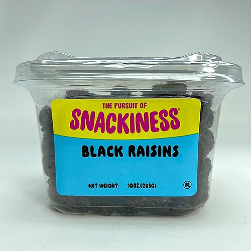 SNACKINESS BLACK RAISINS. 10 OUNCES.