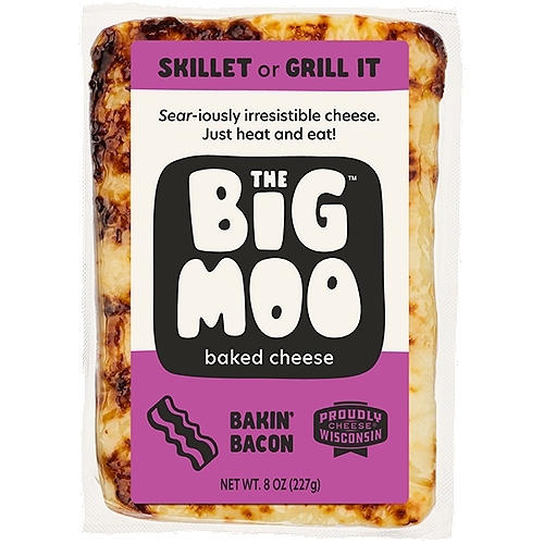 The Big Moo Bakin' Bacon Baked Cheese, 8 oz
Proudly Wisconsin Cheese®

Bakin' Bacon is heavenly baked cheese loaded with real bacon.
The Big Moo is baked cheese perfection, no matter how you prepare it. Seared in a pan, tossed on the grill, or baked golden-brown in the oven.