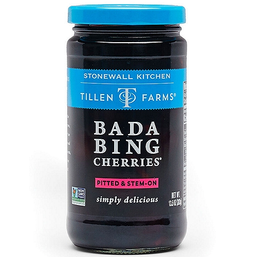 Twice the size of maraschino cherries, Tillen Farms’ bing cherries are harvested, pitted and packed at the peak of ripeness. We’ve preserved their sweetness and vibrant flavor for year-round enjoyment. Snack on these cherries straight from the jar or use them to add a touch of glamour to bourbon and whiskey cocktails. 13.5 ounce. 
