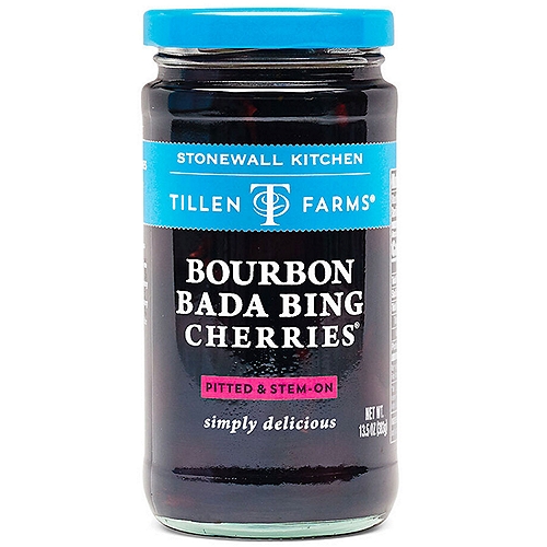 Stonewall Kitchen Tillen Farms Bourbon Bada Bing Cherries, 13.5 oz
Truly Amazing Cherries
Our pitting equipment is 99.9% perfect but watch out for an occasional pit!

A splash of warm, spicy bourbon turns our Northwest-grown, pitted and stem-on Bada Bing Cherries® into the perfect, boozy bite. Add them to decadent desserts, savory cheese plates and, of course, your favorite Manhattan or Old Fashioned!