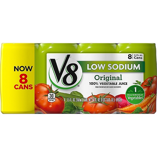 V8 Low Sodium 100% Vegetable Juice is a plant based juice blend that gives your body the replenishment it needs. Made using a delicious blend of vegetable juices, this juice drink is uniquely satisfying. Light on sodium but not on taste, this V8 juice contains a flavorful mix of tomato juice and vegetable juices. This low sodium V8 juice does not contain MSG, added sugars*, or high fructose corn syrup. This V8 juice contains one serving of vegetables in each 5.5 fl oz can. A good source of vitamin A and an excellent source of vitamin C, this V8 low sodium juice is an easy way to get the plant-powered boost you need. Enjoy this veggie juice as an afternoon snack on a busy day, or drink it post workout to refill your body with nutrients. Experience the delicious taste of V8: The Original Plant-Powered Drink.

*Not a low calorie food