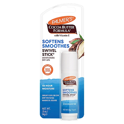 Palmer's Cocoa Butter Formula Swivel Stick, .5 oz.
Soften and Smooth rough, dry lips with Palmer's Cocoa Butter Swivel Stick, crafted with intensively moisturizing Cocoa Butter and Vitamin E. 3-in-1 multi-purpose spot moisturizer can be used on lips, face & body to moisturize rough spots, cuticles or cracked skin. Proudly made in U.S.A., Palmer's® has been a trusted brand for over 180 years, providing high-quality natural products that are passed down from generation to generation. America's #1 Cocoa Butter brand Palmer's Cocoa Butter Formula uses the highest quality natural ingredients for superior moisturization head-to-toe.

Cocoa Butter (Theobroma Cacao): Naturally harvested from cocoa beans, cocoa butter is a rich, nutrient-packed super ingredient loaded with antioxidant CMPs (Cocoa Mass Polyphenols) for superior skin care and moisture barrier protection.