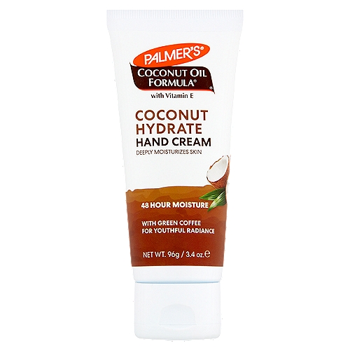 Palmer's Coconut Oil Formula Coconut Hydrate Hand Cream, 3.4 oz
Hydrate and Replenish hands with Palmer's® Coconut Oil Formula® Hand Cream, crafted with antioxidant-rich extra virgin coconut oil and green coffee extract to keep hands soft and youthful-looking.

Coco Nucifera (Coconut) Oil*: Sustainably harvested, raw coconut is rich in natural lipids and proteins for superior hydration and maintaining a healthy glow. 
Green Coffee Extract: loaded with polyphenols and antioxidants, green coffee keeps skin looking youthful.
*Certified Organic Extra Virgin Fair Trade Coconut Oil