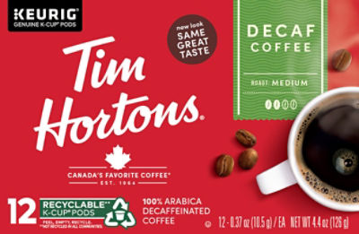 Tim Hortons Decaf Coffee K-Cup Pods, 0.37 oz, 12 count