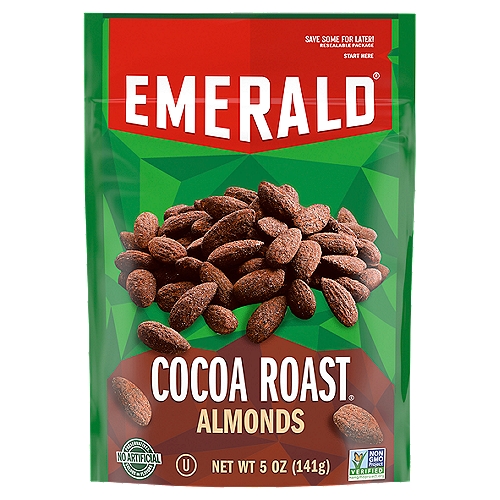 Mmm chocolatey. Emerald Cocoa Roasted Almonds are almonds like no other. We take the crunchy almonds you love and then add sweet cocoa flavor roasted in by our own special method. Enjoy them for anything from snacking to an after-meal surprise. And because you don't always have time to stop for a satisfying snack, these nuts come in a resealable bag, so they stay fresh and are easy to snack on now and save some for later. Emerald harvests only the tastiest, crunchiest, high-quality nuts. That's why you can be sure these are plant-powered and poppable nuts. Our Kosher nuts are Non-GMO Project Verified, Certified Gluten-Free, and contain no artificial colors or flavors. Our unique seasoning and the distinct crunch of each nut makes them perfect for your salad, charcuterie board or for a truly satisfying snack, right out of the bag. So, whether you want a great-tasting snack or a treat you're proud to serve to your guests, you can count on the delicately flavored and thoughtfully crafted recipe of Emerald Nuts.