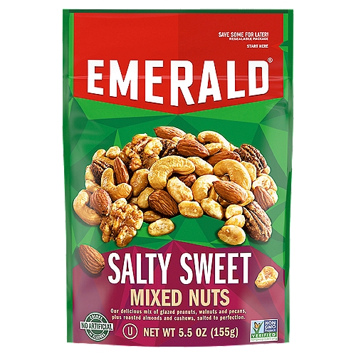 Emerald Salty Sweet Mixed Nuts, 5.5 oz
Our delicious mix of glazed peanuts, walnuts and pecans, plus roasted almonds and cashews, salted to perfection.

Salty & Sweet: your two best friends. Why choose? Just say yes to sweet and salty temptation. The Nutologists at Emerald® are working tirelessly to bring you the tastiest breakthroughs in the realm of nut experience.
