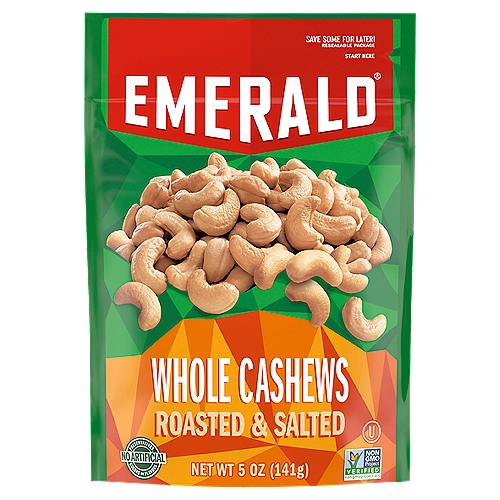 At Emerald, we use the best cashews we can find with the buttery, creamy texture cashew-lovers demand. Then they're roasted and salted to perfection to reward your taste buds with a delicious treat. These nuts are perfect for snacking anytime, and they reseal so they stay fresh for later. They're Non-GMO Project Verified, and contain no artificial preservatives, colors, or flavors. Our unique seasoning and the distinct crunch of each nut makes them perfect for your salad, charcuterie board or for a truly satisfying snack, right out of the bag. Emerald harvests only the tastiest, crunchiest, high-quality nuts. Whether you want a great-tasting snack or a treat you're proud to serve to your guests, you can count on the delicately flavored and thoughtfully crafted recipe of Emerald Nuts. Whatever the occasion, Emerald has the specific nut you are looking for.