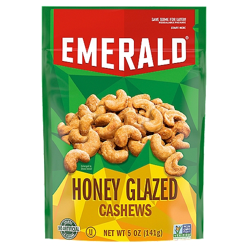 Emerald Honey Glazed Cashews, 5 oz
“Honey'' is a term of endearment for a reason - it's that good. Emerald Honey Glazed Cashews are glazed with a bit of sweetness from organic honey that pairs with their already delicious flavor. Not only do they make a satisfying treat on their own, but they're also delicious in your favorite recipes to add flavor and crunch. And because you don't always have time to stop for a satisfying snack, these nuts come in a resealable bag, so they stay fresh and are easy to snack on now and save some for later. Emerald harvests only the tastiest, crunchiest, high-quality nuts. These are plant-powered and poppable nuts. Our Kosher nuts are Non-GMO Project Verified, Certified Gluten-Free, and contain no artificial colors or flavors. Our unique seasoning and the distinct crunch of each nut makes them perfect for your salad, charcuterie board or for a truly satisfying snack, right out of the bag. So, whether you want a great-tasting snack or a treat you're proud to serve to your guests, you can count on the delicately flavored and thoughtfully crafted recipe of Emerald Nuts.