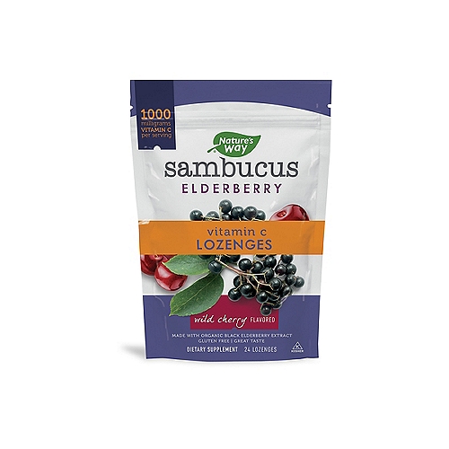 Sambucus Vitamin C Wild Cherry Lozenges
Dietary Supplement 
 
About Black Elderberry 
For centuries the dark berries of European black elder (Sambucus nigra L.) have been traditionally used as a winter remedy for immune support.* 
 
Standardized Extract 
Made with our unique, full-spectrum black elderberry extract that is from a unique blend of black elderberries that are naturally richer in Flavonoid BioActives®. 
Gentle, solvent-free extraction ensures maximum flavonoid potency. 
 
Dual-Action Immune Blend* 
Each lozenge provides 12.5 mg of black elderberry extract. 
Plus excellent source of vitamin C (250 mg) 
Sweetened with organic tapioca syrup and organic cane sugar. 
 
*These Statements Have Not Been Evaluated by the Food & Drug Administration. This Product is Not Intended to Diagnose, Treat, Cure, or Prevent Any Disease.
