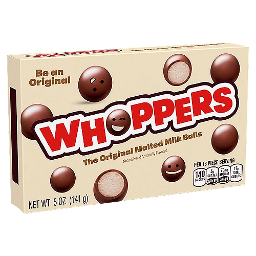 Whoppers The Original Malted Milk Balls, 5 oz
25% less fat* than the average of the leading chocolate candy brands
*25% Less Fat than the Average of the Leading Chocolate Candy Brands. 5 Gram of Fat per 30 Gram Serving vs. 7 Gram of Fat in the Average of the Leading Chocolate Candy Brands.