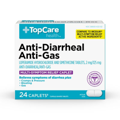 TopCare Anti-Diarrheal Loperamide Simethicone Tablet, 24 count, 24 Each