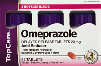 Top Care Omeprazole Acid Reducer 20mg Tabs - 3 Bottles, 42 Each