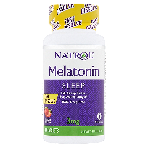Dietary Supplement

Fall asleep faster, stay asleep longer†

Natrol® Melatonin 5mg Fast Dissolve:
•Helps establish normal sleep patterns†
•Fast dissolve form—take anytime, anywhere; no water needed
•100% drug-free and non-habit forming
Melatonin is a nighttime sleep aid for occasional sleeplessness.†
† These statements have not been evaluated by the Food and Drug Administration. This product is not intended to diagnose, treat, cure or prevent any disease.

No: Milk, egg, fish, crustacean shellfish, tree nuts, peanuts, yeast, artificial colors, flavors or preservatives