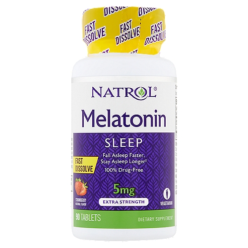 Natrol Extra Strength Strawberry Flavor Melatonin Sleep Tablets, 5 mg, 90 count
Dietary Supplement

Fall asleep faster, stay asleep longer†

Natrol® Melatonin 5mg Fast Dissolve:
•Helps establish normal sleep patterns†
•Fast dissolve form-take anytime, anywhere; no water needed
•100% drug-free and non-habit forming
Melatonin is a nighttime sleep aid for occasional sleeplessness†
† These statements have not been evaluated by the Food and Drug Administration. This product is not intended to diagnose, treat, cure or prevent any disease.

No: Milk, egg, fish, crustacean shellfish, tree nuts, peanuts, yeast, artificial colors, flavors or preservatives