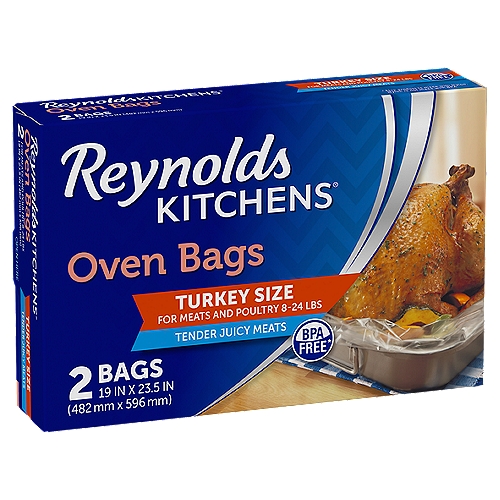 Reynolds Kitchens Turkey Size Oven Bags
Make tender, juicy and moist meals with Reynolds Kitchens oven bags, and save time on cleanup. Enjoy easy cooking and great-tasting, one-pan meals in the oven when you place your seasoned meat into roasting bags that maintain the natural juices of poultry and meat. These oven bags are oven-safe up to 400 degrees Fahrenheit and help make moist and tender meats and vegetables. Simply place the turkey bag in a pan, and fill it with your meat, poultry or vegetables. Close the oven bag with the included Nylon tie to keep moisture inside, and create several slits to act as vents for steam to escape. Bake as your recipe requires, then cut the bag open to serve. When it's time to clean up, just remove the recyclable oven bag from the pan for easy cleanup. Since these disposable turkey size roasting bags contain the mess, there is no splattering or baked-on residue to soak or scrub. (These bags measure 19 in x 23.5 in)