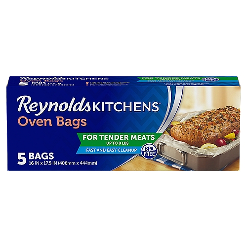 Reynolds Kitchens Oven Bags are the easy way to make great tasting meals for your family. Whether it's your family's holiday ham or a flavorful roasted chicken, using an oven bag is the easy way to enjoy great tasting meats and vegetables. The cooking bag traps in moisture and natural juices to keep food from drying out so your meal comes out juicy and tender every time. With Reynolds Kitchens Oven Bags clean-up is easy since there's no messy pan to scrub. From beginning to end, oven bags are a perfect way to free up time and enjoy family dinner without the fuss. (These bags measure 16 in x 17.5 in)