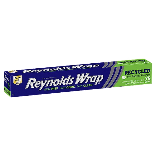 Reynolds Wrap 100% Recycled Aluminum Foil 75 sq ft
100% Recycled
Foil, box and inner tube all made with 100% recycled material

Food Safe
Same Reynolds Wrap® food safe quality*

Durable
Same trusted Reynolds Wrap® strength & performance*
*as Reynolds Wrap® Everyday Foil