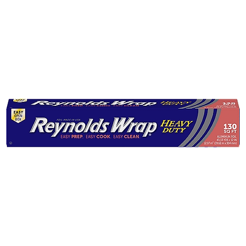 Reynolds Wrap Heavy Duty Aluminum Foil 130 Sq Ft
EXTRA STRENGTH
• Tough jobs

WRAP
• Packet cooking

Line
• Grill for easy cleanup

Reynolds Wrap Heavy Duty Aluminum Foil stands up to the demands of extra-high heat, making it perfect for cooking that calls for high-quality performance. This durable heavy duty foil is perfect for baking your Thanksgiving turkeys or Christmas roasts keeping meats tender and juicy. Use this thicker aluminum foil roll to create foil packets to infuse your side dishes with savory herbs and spices while locking in flavor. This reusable tin foil prevents splatters by covering pans in the oven or on the stovetop. Keep holiday and everyday cooking and cleanup easy with Reynolds Wrap aluminum foil that can be molded to wrap leftovers for storage in your refrigerator or freezer.