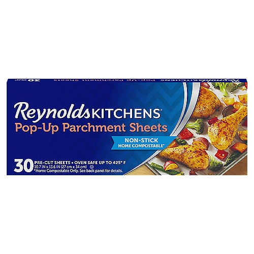 Reynolds Kitchens Pop-Up Parchment Paper Sheets make roasting your favorite family meals simple with easy pop-up dispensing. The pre-cut parchment sheets lay flat with no curling and fit most pans without having to trim or fold the sheets. These non-stick parchment sheets are oven safe up to 425 degrees Fahrenheit and make clean up much easier. Reynolds Kitchens Pop-Up Parchment Paper Sheets are elemental chlorine free, compostable in home and commercial composting facilities and comes in recyclable packaging. (Each sheet measures 10.7 in x 13.6 in)