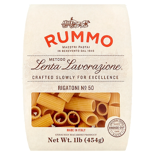 Rummo Lenta Lavorazione Rigatoni No 50 Pasta, 1 lb
Enriched Macaroni Product

Holds Sauces, Enhances Taste
As Lenta Lavorazione® method requires, our pasta is bronze-cut and it has a rough surface for an unparallaled ''sauce grip''.