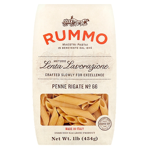 Rummo Lenta Lavorazione Penne Rigate No 66 Pasta, 1 lb
Enriched Macaroni Product

Holds Sauces, Enhances Taste
As Lenta Lavorazione® method requires, our pasta is bronze-cut and it has a rough surface for an unparallaled ''sauce grip''.