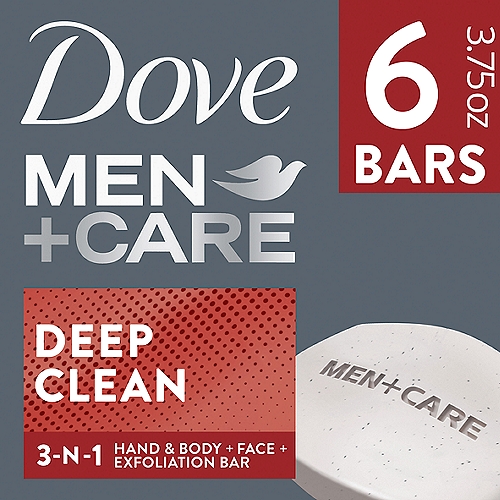 Dove Body Soap and Face Bar Deep Clean 3.75 oz, 6 Bars
Looking for a bar soap for men that cleanses while also helping protect from dry skin? Dove Men+Care Deep Clean Body and Face Bar contains purifying grains and delivers a deep, refreshing clean that leaves skin feeling hydrated and strong. Dove Men+Care Body and Face Bar effectively washes away bacteria, nourishes your skin. Body and face soap bar goes beyond just delivering a deep clean: it helps to protect skin from feeling tight and dry with its unique formula made for men's skin. With 1/4 moisturizing cream, the Dove Men+Care Deep Clean Body and Face Bar nourishes for skin that feels healthy and strong. This #1 Dermatologist Recommended body soap and face soap bar helps to maintain skin's hydration levels and protect skin against dryness. Regular men's bar soap can often leave skin feeling tight and dry, but Dove Men+Care Deep Clean Body and Face Bar helps maintain skin's moisture to provide skin comfort and refreshment. Plus, its formula is non-comedogenic and mild and gentle enough to use on your face. To use Dove Men+Care Deep Clean Body and Face Bar, wet the body bar in the shower and massage into your face and body to create a light foam before rinsing thoroughly. The lather rinses cleanly away without leaving behind a greasy feel. Dove Men+Care Deep Clean Body and Face Bar has a classic scent, and is clinically proven to fight skin dryness. This body bar not only cleanses, but also leaves your skin feeling healthy and strong.