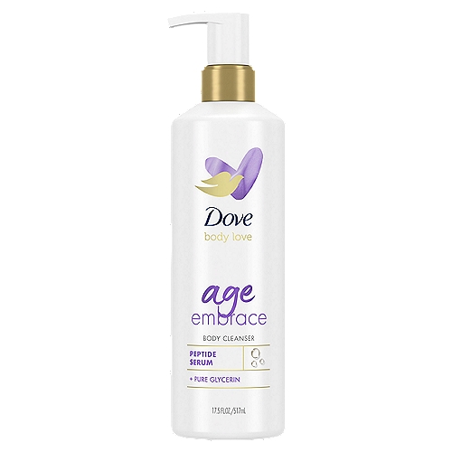 Dove Body Love Age Embrace Body Cleanser, 17.5 fl oz
Show your body some love with Dove Age Embrace body cleanser - dedicated for mature skin care and made to give your body the same care and attention you give your face. Made with face care ingredients you know and love, the cleanser is perfect for maturing skin, with a rich and creamy texture to show your body some TLC. 

This thoughtfully made cleanser for body washing is inspired by skin care with peptides, and is specially formulated to moisturize and nourish as part of your aging skin care routine. Just like your favorite face care, this unique body cleanser with peptides formula and pure glycerin, locks in moisture for a more hydrated skin barrier - particularly helpful for aging skin care - while the unique 10X Moisture Boost Complex* delivers extra care and hydration. This paraben and sulfate free cleanser is developed to be as gentle as water, is formulated with plant-based cleansers, and is a pH balanced body wash. It is also PETA-certified cruelty-free and made in 100% recycled plastic bottles.
 
Dove Body Love Age Embrace Body Cleanser will leave you with more supple, firmer-looking skin. Made to show your body love, this gentle and effective addition to your mature skin care routine is a rich and indulgent cleanser made with the same ingredients you love in your face care. This indulgent formula includes skin care with peptides and pure glycerin, and is made to reduce roughness to visibly rejuvenate your skin.
 
If you haven't tried the Age Embrace cleansing regimen before, then listen up. In the shower, simply apply the Age Embrace cleansing butter to wet skin, and massage all over your body. When you're ready, rinse off and follow with Dove Body Love Age Embrace Body Cleanser to double down on hydration. Massage between your hands and apply to wet skin all over, before rinsing off with water. The lotion-like formula contains skin care with peptides and pure glycerin. Watch the rejuvenating cleanser develop into a beautifully rich lather that's perfect for your daily routine.

A regular body wash might not have the ingredients you'd want for mature skin care. Try switching your regular body cleanser for a cleanser that harnesses skin care with peptides and pure glycerin, specially developed to suit aging skin care routines. Dove Body Love Age Embrace Body Cleanser is an indulgent formula that will leave your skin more supple and looking firmer. 

Dove believes that no young person should be held back from reaching their full potential. Since 2004, they've been building self-esteem and confidence in young people - and by 2030, they'll have helped ¼ billion through our educational programmes and resources.

10X the moisturizers of the next leading body wash