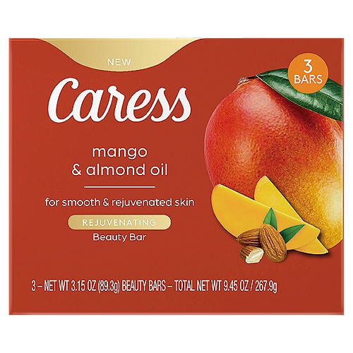Caress Rejuvenating Mango & Almond Oil Beauty Bar, 3.15 oz, 3 countnTreat yourself to smooth and rejuvenated skin every day with Caress Mango & Almond Oil 3.15 oz Bar Soap! Spark your senses with the bright, tropical scent and rich lather of this moisturizing body soap for soft, beautiful, rejuvenated skin. Caress Mango & Almond Oil body soap energizes your senses with a tropical fragrance and sweet, nutty undertones. The delicious, tropical scent of mango is complemented by the sweet, creamy notes of almond oil. Caress skin care body soap doesn't just delight your senses-it also washes away dirt and bacteria while leaving your skin instantly nourished! It cleans hands just as effectively as hand soap, too. nnThis scented bar soap helps turn every shower into a blissful experience that leaves your skin gorgeously scented long after you shower. Caress Mango & Almond Oil bar soap is a lush women's body cleanser which leaves skin feeling soft, beautiful, and rejuvenated. Use Mango & Almond Oil bar soap every day for a multi-sensory experience that leaves your skin noticeably smooth. Work into a rich lather, and let your mind transcend to its happy place. nnSince creating our first Body Bar with Bath Oil in the 1960s, we have been dedicated to providing our customers with multi-sensory shower experiences. At Caress, we believe that every trip to the shower should leave you feeling joyful and transformed. The combination of the lush lather and invigorating scents of this rejuvenating and nourishing bar soap awakens your senses, clears your mind, and unlocks creativity. That is the Caress spark.