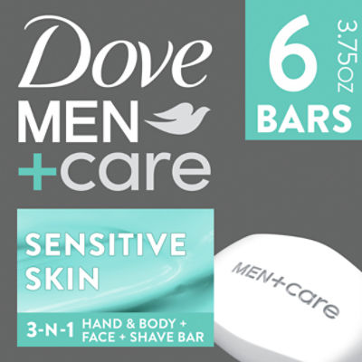 Dove Men+Care Sensitive Skin Oatmeal + Aloe 3-N-1 Hand & Body + Face + Shave Bar, 3.75 oz, 6 count