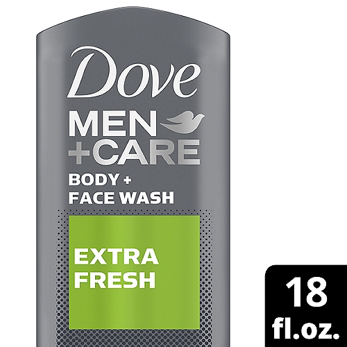 Men's skin is 25% thicker and contains higher levels of protein. That means more sweat, lower hydration levels, and easily irritated skin. So, forget about harsh soaps. Try Dove Men+Care Extra Fresh Body and Face Wash to your men's skin care and shower routine! This body wash for men is specifically designed for men's skin by the #1 dermatologist recommended men's brand since 2013. Typical soap for men strips away oil and other essential skin components leaving you with dry, flaky, and irritated skin. Dove Men+Care is a mild cleanser with plant-based moisturizers and skin-strengthening nutrients to help rebuild skin and skin proteins. Dove Men+Care Body and Face Wash is an easy-to-rinse, hydrating body wash that is clinically proven to fight dry skin better than a regular men's body soap or shower gel. It is also gentle enough to use as a men's face wash. Extra Fresh has a clean, crisp scent that will leave you feeling fresh. It's also just as effective for cleansing hands. For best use, squeeze Dove Men+Care Body and Face Wash on to your palm and rub your hands together to work the shower gel into a light foam to activate the MicroMoisture Technology. Apply to your body and face. Rinse thoroughly. Dove Men+Care champion active fathers and the need for paid paternity leave. Find out more about their work in celebrating fatherhood and raising awareness around parental leave on the Dove Men+Care site. And as part of our commitment towards sustainability, each Dove Men+Care body and face wash bottle is recyclable and made with 100% recycled plastic and is PETA Cruelty Free.