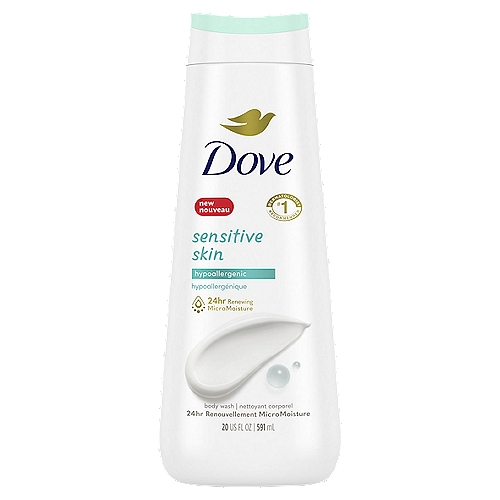 Nourish your skin senses with Dove Hypoallergenic Body Wash for sensitive skin. This nourishing body wash, with 24hr Renewing MicroMoisture, gently cleanses and nourishes the skin, leaving it renewed and healthy-looking for 24 hours. From the #1 dermatologist-recommended body wash brand, this nourishing body wash has a luxurious lather you'll love to use in the shower after a long day. Dove Hypoallergenic Body Wash has been developed with millions of MicroMoisture droplets and plant-based moisturizers, creating a formula that works to gently cleanse and moisturize skin and nourish your microbiome - skin's living protective layer. As a specially designed body wash for soft skin, your skin will feel as soft as it looks. This nourishing body wash also has a 98% biodegradable formula*. *98% of ingredients break down into carbon dioxide, water and minerals (OECD test methods 301, 302 and/or 310). This gentle skin cleanser is packaged in 100% recycled plastic bottles, vegan, and Dove is PETA approved, meaning we do not test on animals, anywhere in the world, so you can feel good about switching to Dove. Plus, this hydrating body wash is made without sulfates or parabens. How to use: For 24 hours of radiant skin, squeeze a generous amount of Dove Hypoallergenic Sensitive Skin Body Wash into your palms. Massage the body wash onto your skin, taking a moment to enjoy the rich lather and hypoallergenic fragrance, before rinsing off to reveal soft, smooth skin. Dove care goes further than moisturizing skin care with 100% recycled plastic bottles and, globally, Dove is PETA approved. At Dove, our vision is of a world where beauty is a source of confidence, and not anxiety. So, we are on a mission to help the next generation of women develop a positive relationship with the way they look-reaching over ¼ of a billion young people with self-esteem education by 2030. We are also committed to a landmark new initiative as part of our 2025 commitment to reduce plastic waste; reducing over 20,500 metric tons of virgin plastic annually by making the iconic beauty bar packaging plastic-free globally; launching new 100% recycled plastic bottles; and trialing a new refillable deodorant format that reduces plastic use over time. As one of the largest beauty brands in the world, we are revealing an agenda-setting commitment to tackle the global beauty industry's plastic waste issue.
