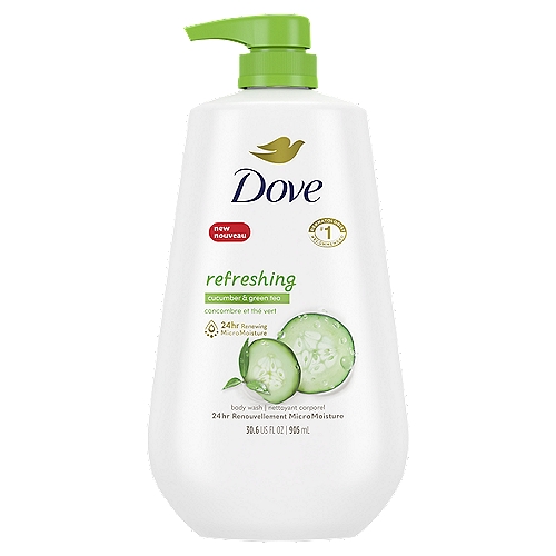 Dove Refreshing Cucumber & Green Tea Body Wash, 34 fl oz
The Dove Difference:
Our moisturizing formula with Microbiome Nutrient Serum, cucumber & green tea, revitalizes and refreshes skin in just one shower.

Our nourishing body wash has :
Naturally-derived cleansers
Skin-natural nutrients
Plant-based moisturizer

98% of ingredients break down into carbon dioxide, water & minerals.*
*OECD test methods