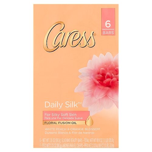 Caress Daily Silk White Peach & Orange Blossom Silkening Beauty Bars, 3.15 oz, 6 count
Floral Fusion Oil
A special blend of precious oils designed to give you a luxurious shower experience!

With Caress® Daily Silk™ Beauty Bar, revel in the feeling of skin that's delicately fragrant and beautifully soft. Our special formula is infused with our unique floral fusion oil, expertly crafted with the delicate floral notes of white peach and orange blossom.