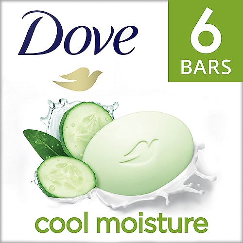 This beauty bar leaves skin refreshed with a crisp, cooling scent.nnOur Formula Contains:n1/4 moisturizing creamnA plant-based cleansernpH balancednnDove Cool Moisture Beauty Bar combines the refreshing scent of cucumber and green tea with Dove gentle cleansers and ¼ moisturizing cream. Dove Beauty Bar is proven to be more gentle and mild on skin than an ordinary soap bar. It can be used as a hand soap and as a mild facial cleanser, so if you're also after a fresh face and refreshed hands throughout the day, why not try adding Dove Cool Moisture Beauty Bar to your skin care routine? A light, hydrating feel and refreshing formula for effectively nourished skin. A refreshing shower can be just what you need to start the day off right. Dove blends nourishing ingredients and light, fresh scents in a formula that's gentle on your skin whether it is used as a bar of soap, facial cleanser, body wash or hand soap. Dove Beauty Bars give you a feeling of hydrating freshness that leaves you and your skin feeling blissfully revived, unlike when using harsh bar soap. It's the same great formula with a new look. For best results: Give your hands the boost they deserve with Dove Beauty Bar between wet hands. Once you've covered your body with the rich lather, make sure to avoid contact with your eyes, and rinse away thoroughly. At Dove, our vision is of a world where beauty is a source of confidence, and not anxiety. So, we are on a mission to help the next generation of women develop a positive relationship with the way they look, helping them raise their self-esteem and realize their full potential.