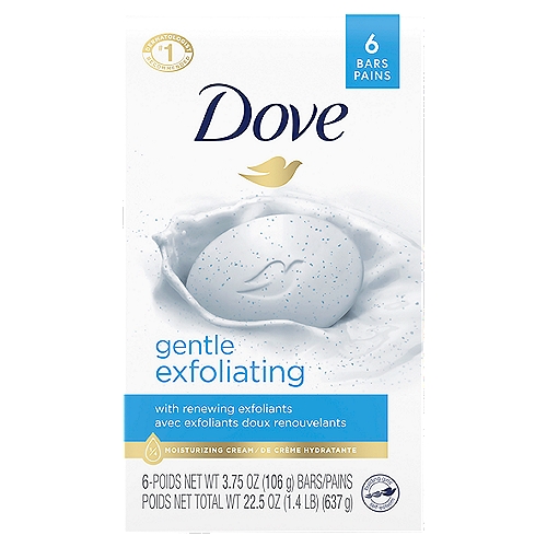 We've all been told that exfoliation is an important part of your skin care routine, but that doesn't mean being rough with your skin — skin exfoliation should be gentle. That's where Dove Gentle Exfoliating Beauty Bar comes in. It combines gentle skin cleansers with exfoliating beads to wash away dead skin, giving you soft, smooth skin. Suitable for regular use as a facial cleanser or as a gentle skin cleanser for your body and hands, the Gentle Exfoliating Beauty Bar leaves skin feeling beautiful and revitalized. For best results, rub your Dove Beauty Bar cleanser between wet hands and massage the smooth, creamy lather over your skin before rinsing thoroughly.nnThe secret to beautiful skin is moisture, and no ordinary bar soap hydrates skin better than Dove. Formulated with mild cleansers that care for skin as you cleanse, Dove Beauty Bar helps deliver nourishment and leaves your face and body feeling soft and smooth and looking more radiant than ordinary bar soap does. That's why we call it a Beauty Bar. And now, we are bringing you Dove's same great formula in an all-new look. nnAt Dove, our vision is of a world where beauty is a source of confidence, and not anxiety. Our mission is to help the next generation of women develop a positive relationship with the way they look, helping them raise their self-esteem and realize their full potential.