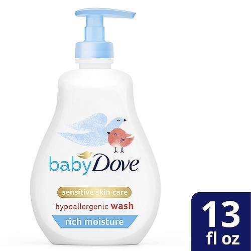 Baby Dove Sensitive Skin Care Rich Moisture Hypoallergenic Baby Wash, 13 oz
Our tear free baby wash is as mild as water and replenishes skin essential nutrients to help skin retain its natural moisture. Use this wash with Rich Moisture Hypoallergenic Lotion to nourish the microbiome your baby was born with.

Ingredients - Purpose
Water (aqua) - Helps to moisturize
Glycerin - Prebiotic moisturizer
Cocamidopropyl betaine, sodium lauroyl glutamate, sodium methyl lauroyl taurate - Mild & gentle cleanser
Stearic acid - Nourishes skin
Citric acid - Ensures that the product is pH neutral to baby's skin
Fragrance - Hypoallergenic fragrance developed for baby's skin
Glycol distearate - Makes wash creamy white
Tetrasodium EDTA - Helps prevent impurities from water from compromising product performance & appearance
Caprylyl glycol, sodium benzoate - Keeps out unwanted bacteria
Acrylates / C10-30 alkyl acrylate crosspolymer - Delivers a rich, thick texture