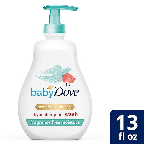 Baby Dove Sensitive Skin Care Hypoallergenic Baby Wash, 13 fl oz
Baby bath time is special. And with baby skin being 30% thinner than ours, the best care is the gentlest. To help protect your little one's skin, we created Baby Dove Fragrance Free Moisture Hypoallergenic Baby Wash to provide ultra-gentle care for baby's sensitive skin. 

Unlike other baby washes, our tear-free and hypoallergenic baby wash and shampoo is made with 100% skin-natural nutrients, which are identical to those naturally found in skin, and prebiotic moisture to help replenish the essential moisture and nutrients that baby's skin can lose during bath time. This fragrance free baby bath wash is safety-tested and pediatrician recommended. And our caring formula is gentle enough to use on newborns and free of dyes, parabens, sulfates, and phthalates. To use this baby wash, gently wet baby's hair and skin with warm water, work into a lather, and rinse for touchably soft skin.

We know there's no right or wrong way to be a parent - only your way. That's why Baby Dove is here to help give you confidence that you're providing the best skin care for your baby's skin. Our Fragrance Free Moisture Hypoallergenic Baby Wash is sold in 13 oz. and 20 oz. bottles. Looking for something for a calming bedtime routine? Look for our Baby Dove Calming Moisture Baby Wash and Shampoo.