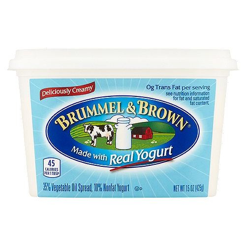 Brummel & Brown Vegetable Oil Spread with Yogurt, 15 oz
Brummel & Brown Spread: Calorie Per Serving: 45; Sat. Fat Per Serving: 1.5g
Butter: Calorie Per Serving: 100; Sat. Fat Per Serving: 7g