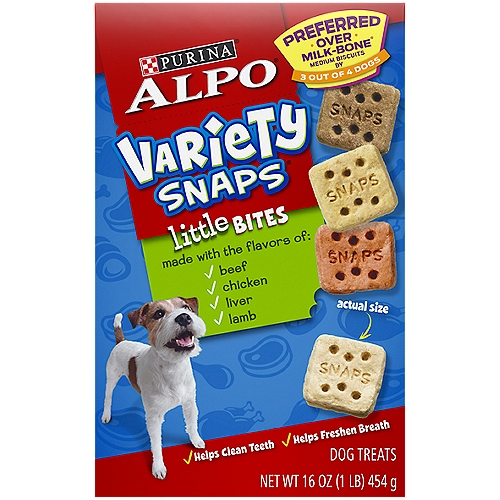 Purina ALPO Dog Treats, Variety Snaps Little Bites Beef, Chicken, Liver, Lamb - 16 oz. Box
Preferred Over Milk-Bone® Medium Biscuits by 3 Out of 4 Dogs

Made with the flavors of:
✓ beef
✓ chicken
✓ liver
✓ lamb

It's a snap to give him a treat any time.
It's a snap to share the meaty tastes he loves.
It's a snap to treat him to a little variety.
It's a snap to make his day.

Happy & Wholesome
✓ Baked-in flavors of beef, chicken, liver and lamb
✓ Calcium to help support strong teeth and bones
✓ No added artificial flavors or preservatives
What could be better?
Another snap, of course!

Cover all the flavor bases with Purina ALPO Variety Snaps Little Bites Beef, Chicken, Liver and Lamb Flavors adult dog treats. Watch your best pal come running with excitement when he hears you opening a box of Variety Snaps Little Bites. You love seeing your furry friend happy, and these treats keep your dog's tail wagging as he chomps down every last bite. You can also delight in knowing that the crunchy texture of these ALPO Little Bites helps keep his teeth clean while freshening his breath. Toss him a few Snaps as a tasty reward for being a good boy, or offer them as a treat between meals. When you see him go crazy for these delicious Little Bites treats featuring beef, chicken, liver and lamb flavors, you can understand why three out of four dogs prefer them over Milk-Bone medium biscuits. We bake these treats with pride in the USA, and they have no added artificial flavors or preservatives. Show your dog just how much you love him with Purina ALPO Variety Snaps Little Bites Beef, Chicken, Liver and Lamb Flavors adult dog treats.